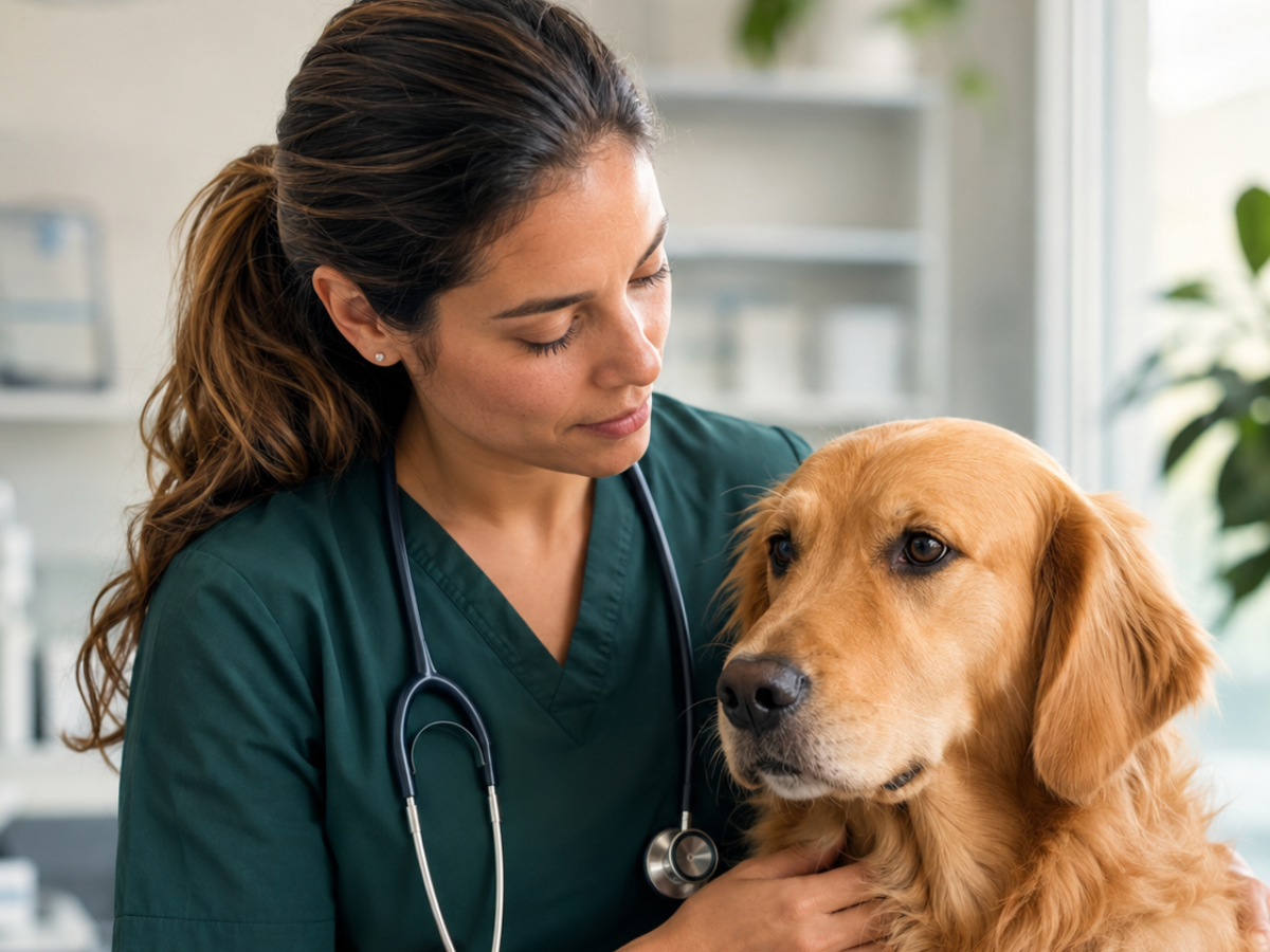 Profissional veterinário examinando um cachorro em uma clínica
